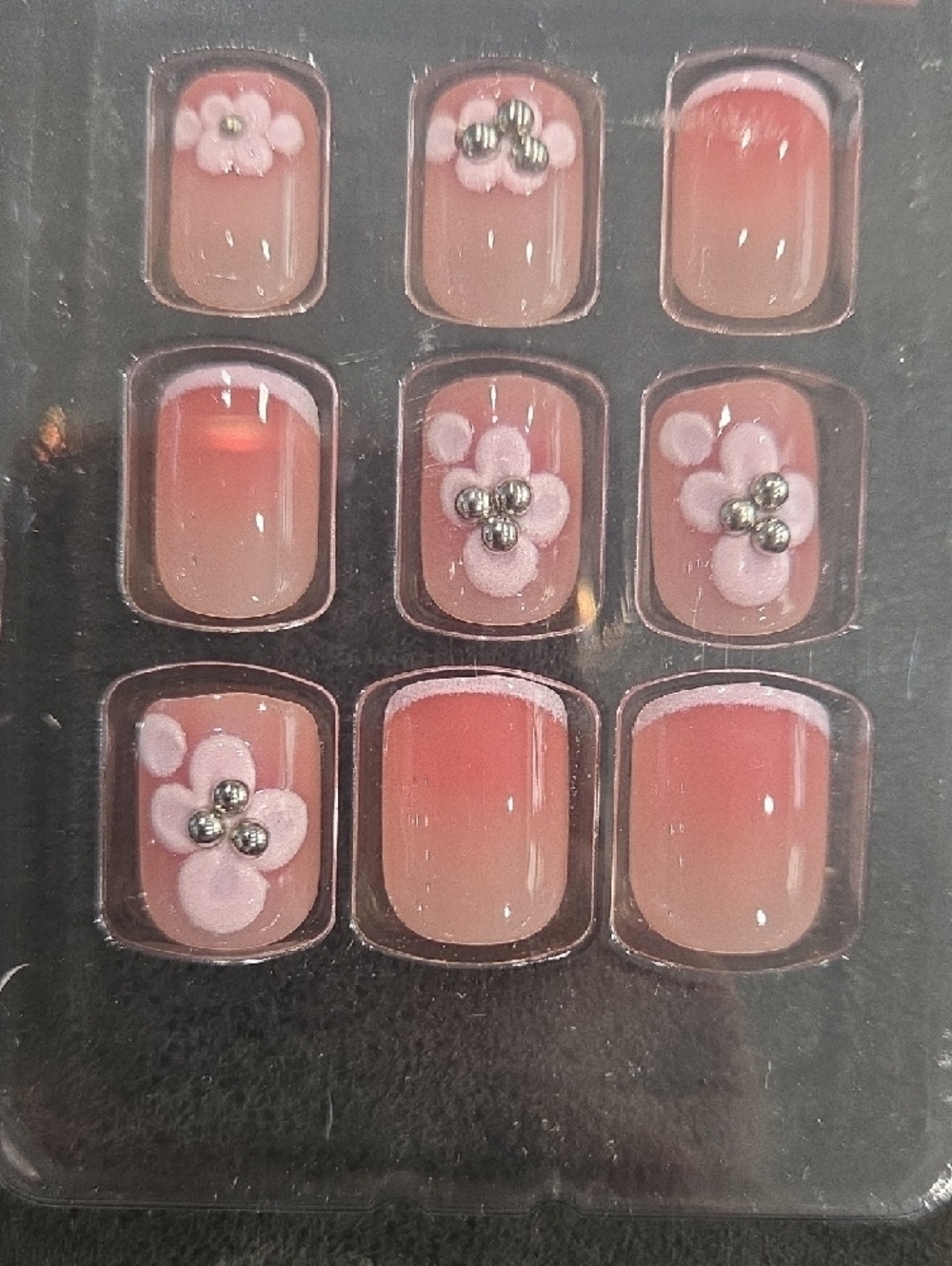 Pink Glossy Short Square Press-On Nails with 3D Flower Accents - Picture 5 of 5